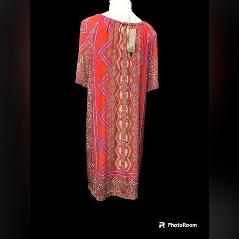 Chico's Dress Womens 1 M Orange Pink Paisley Print Short Sleeve Shift Boho Midi - Picture 2 of 4